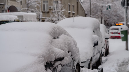 First day of winter, heavy snow in Bucharest city, Romaniaの写真素材