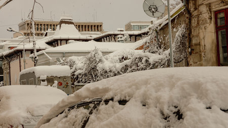 First day of winter, heavy snow in Bucharest city, Romaniaの写真素材