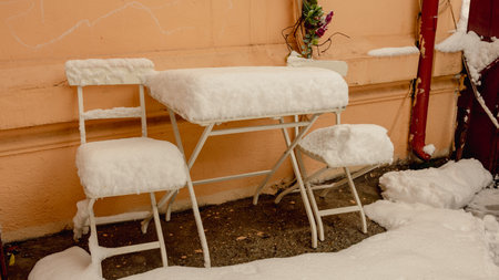 First day of winter, heavy snow in Bucharest city, Romaniaの写真素材