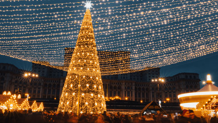 People in front of Christmas tree at Bucharest Christmas Marketの写真素材