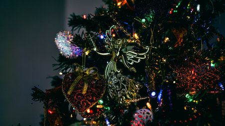 Christmas decorations. Colorful Christmas lights backgroundの写真素材
