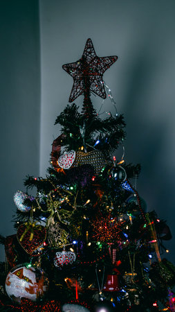 Christmas decorations. Colorful Christmas lights backgroundの写真素材