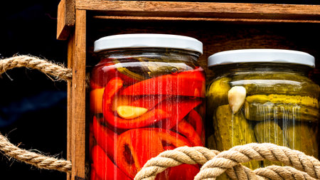 Wooden crate with glass jars with pickled red bell peppers and pickled cucumbers (pickles) isolated. Jars with variety of pickled vegetables. Preserved food concept in a rustic composition.の写真素材