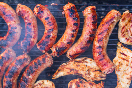 Grilling sausages and pork chops on barbecue grill. BBQ in the gardenの写真素材