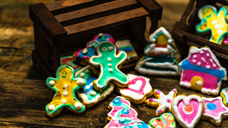 Tasty homemade Christmas cookies on wooden tableの写真素材