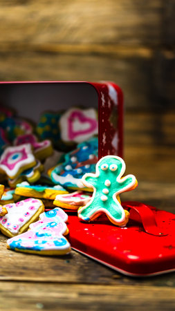 Tasty homemade Christmas cookies on wooden tableの写真素材
