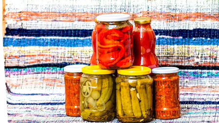 Glass jars with pickled red bell peppers and pickled cucumbers (pickles) isolated. Jars with variety of pickled and canned vegetables. Preserved food concept in a rustic composition.の写真素材