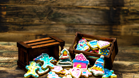 Tasty homemade Christmas cookies on wooden tableの写真素材