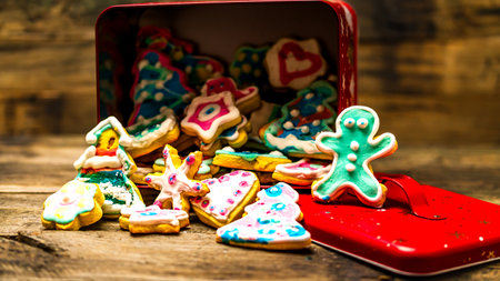 Tasty homemade Christmas cookies on wooden tableの写真素材