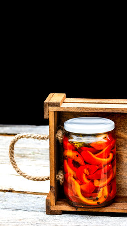 Wooden crate with glass jars with pickled red bell peppers.Preserved food concept, canned vegetables isolated in a rustic composition.の写真素材