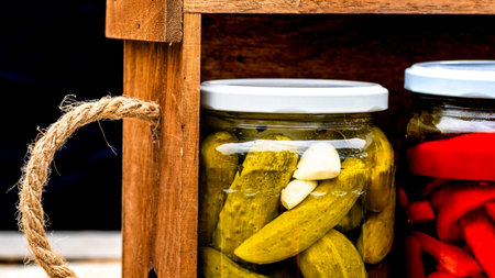 Wooden crate with glass jars with pickled red bell peppers and pickled cucumbers (pickles) isolated. Jars with variety of pickled vegetables. Preserved food concept in a rustic composition.の写真素材