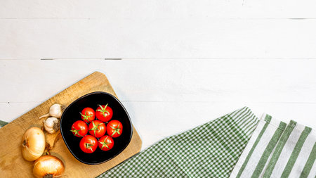 Italian pasta ingredients. Cherry tomato and spices for cookingの写真素材