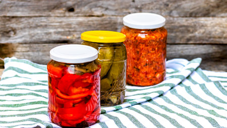 Glass jars with pickled red bell peppers and pickled cucumbers (pickles) isolated. Jars with variety of pickled vegetables. Preserved food concept in a rustic composition.の写真素材
