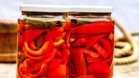 Glass jars with pickled red bell peppers.Preserved food concept, canned vegetables isolated in a rustic composition.の写真素材