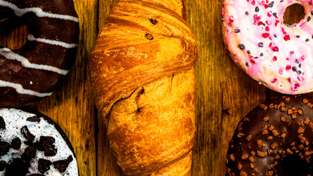 Colorful donuts on wooden table. Sweet icing sugar food with glazed sprinkles, doughnut with chocolate frosting. Top view with copy spaceの写真素材