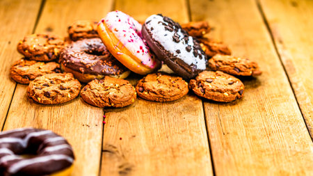 Colorful donuts on wooden table. Sweet icing sugar food with glazed sprinkles, doughnut with chocolate frosting. Top view with copy spaceの写真素材