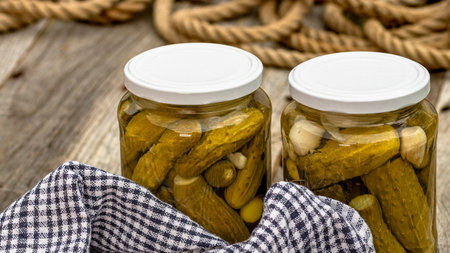 Glass jars with pickled red bell peppers and pickled cucumbers (pickles) isolated. Jars with variety of pickled vegetables. Preserved food concept in a rustic composition.の写真素材