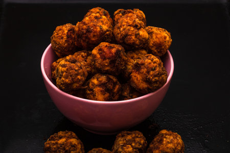 Detail of fresh fried meatballsの写真素材