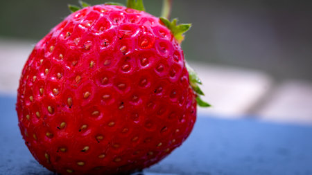 Close up of fresh strawberry showing seeds achenes. Details of a fresh ripe red strawberry.の写真素材