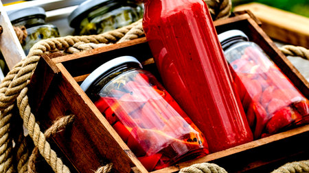 Glass jars with pickled red bell peppers and bottles with tomatoes sauce isolated in a rustic composition. Jars with variety of pickled vegetables preserved food concept.の写真素材