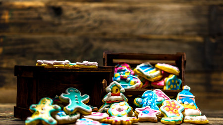 Tasty homemade Christmas cookies on wooden tableの写真素材