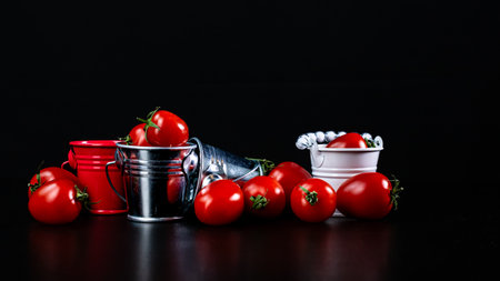 Selective focus on composition with mini decorative bucket and tomatoes. Small metal bucket with cherry tomatoesの写真素材