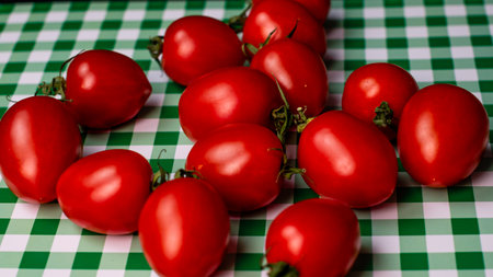 Selective focus on ripe delicious cherry tomatoes, close upの写真素材