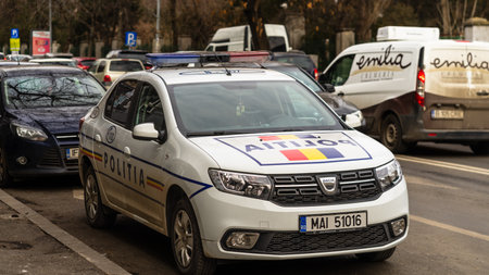 Romanian Police Car in traffic during rush hour in Bucharestのeditorial素材