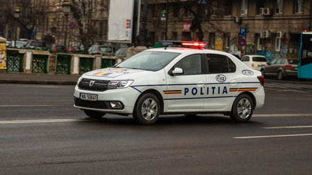 Romanian Police Car in traffic during rush hour in Bucharestのeditorial素材