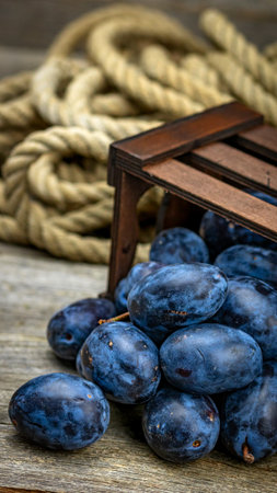Ripe blue plums in a wooden crate in a rustic composition.の写真素材