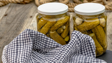 Glass jars with pickled red bell peppers and pickled cucumbers (pickles) isolated. Jars with variety of pickled vegetables. Preserved food concept in a rustic composition.の写真素材