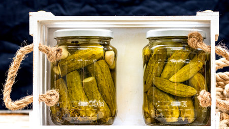 Wooden crate with glass jars with pickles isolated. Preserved food concept, canned vegetables isolated in a rustic composition.の写真素材