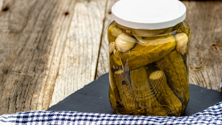 Close up of glass jar with pickles isolated. Preserved food concept, canned vegetables isolated in a rustic composition.の写真素材