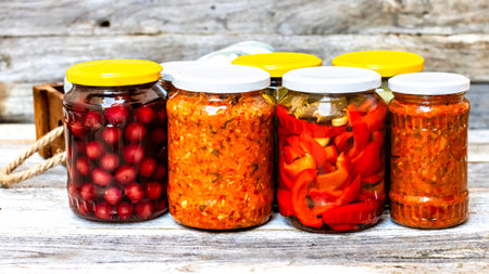 Jars with variety of canned vegetables and fruits, jars with zacusca. Preserved food concept in a rustic composition.の写真素材