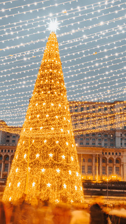 People in front of Christmas tree at Bucharest Christmas Marketの写真素材