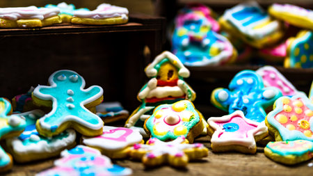 Tasty homemade Christmas cookies on wooden tableの写真素材