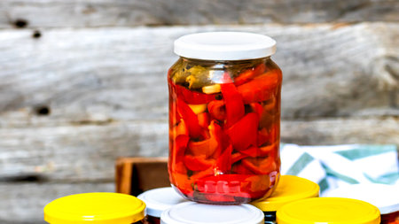 Jars with variety of canned vegetables and fruits, jars with zacusca. Preserved food concept in a rustic composition.の写真素材