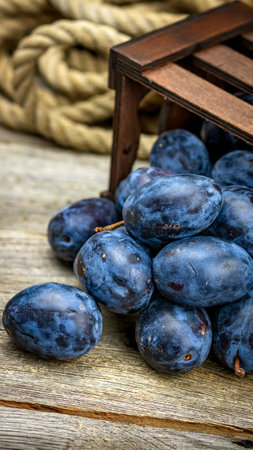Ripe blue plums in a wooden crate in a rustic composition.の写真素材