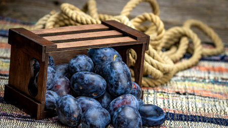 Ripe blue plums in a wooden crate in a rustic composition.の写真素材
