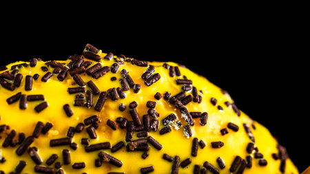 Yellow glazed donut with sprinkles isolated. Close up of colorful donut.の写真素材