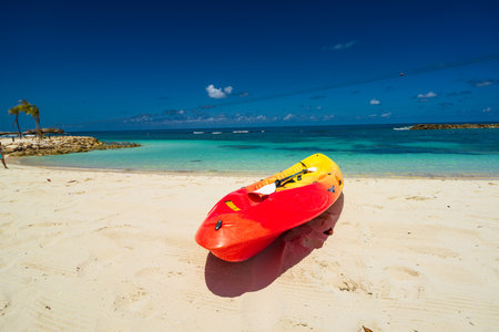 Active rest, sport, kayak. Canoe on a sandy beachの写真素材