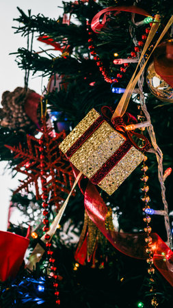 Christmas decorations. Colorful Christmas lights backgroundの写真素材