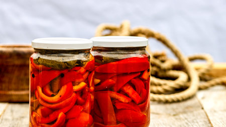 Glass jars with pickled red bell peppers.Preserved food concept, canned vegetables isolated in a rustic composition.の写真素材