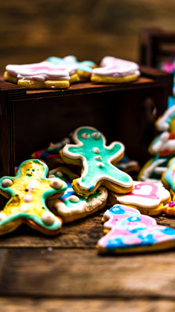 Tasty homemade Christmas cookies on wooden tableの写真素材
