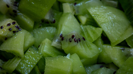 Ripe kiwi fruit. Detail of chopped exotic kiwi fruits used for dessertsの写真素材