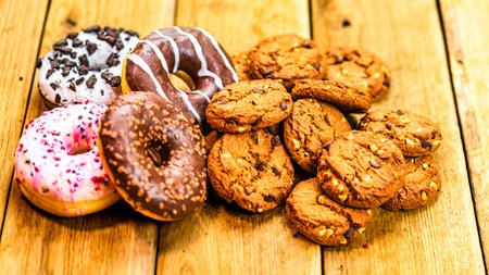 Colorful donuts and biscuits on wooden table. Sweet icing sugar food with glazed sprinkles, doughnut with chocolate frosting. Top view with copy spaceの写真素材