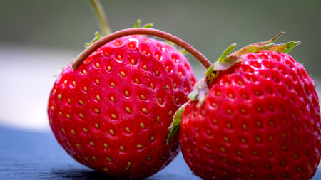 Close up of fresh strawberries showing seeds achenes. Details of fresh ripe red strawberries.の写真素材