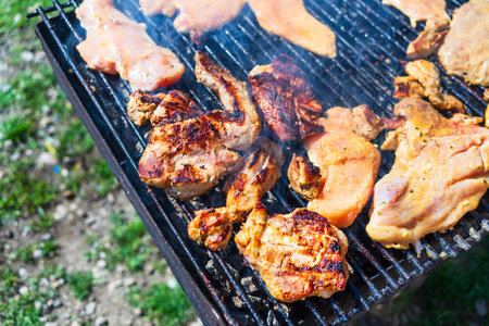 Chicken and pork steak grilled on a charcoal barbeque. Top view of camping tasty barbecue, food...