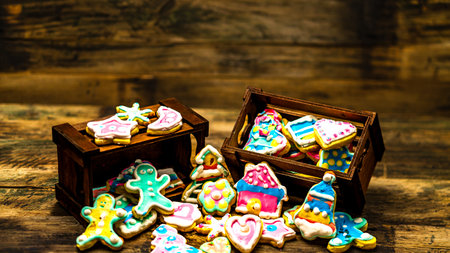 Tasty homemade Christmas cookies on wooden tableの写真素材