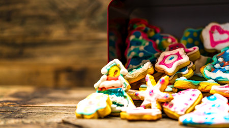 Tasty homemade Christmas cookies on wooden tableの写真素材